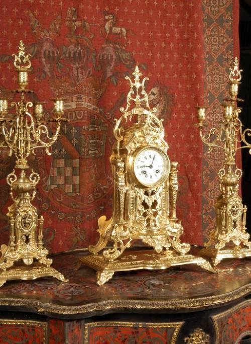 fig 3. ***** SOLD ***** Large Antique French Gilt Brass Clock Set - A. D. Mougin